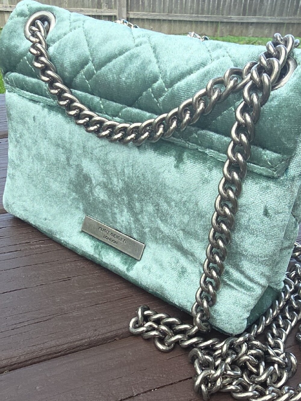Kurt Geiger Embellished Quilted Green Velvet Shoulder Bag - Picture 5 of 16